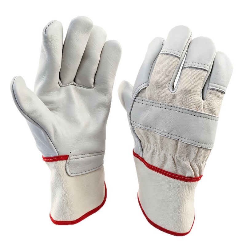 White cowhide work gloves canvas cuff red stitching White cowhide work gloves canvas cuff red stitching