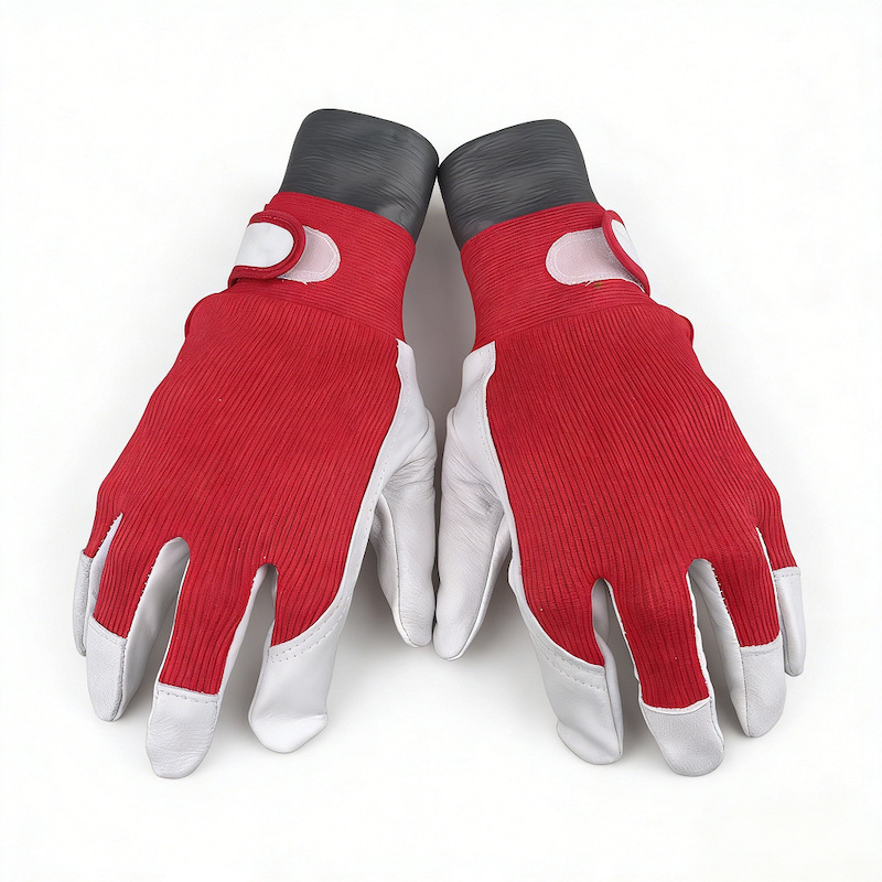 Red White Leather Mechanic Work Gloves, Breathable Spandex Back, Adjustable Wrist Strap
