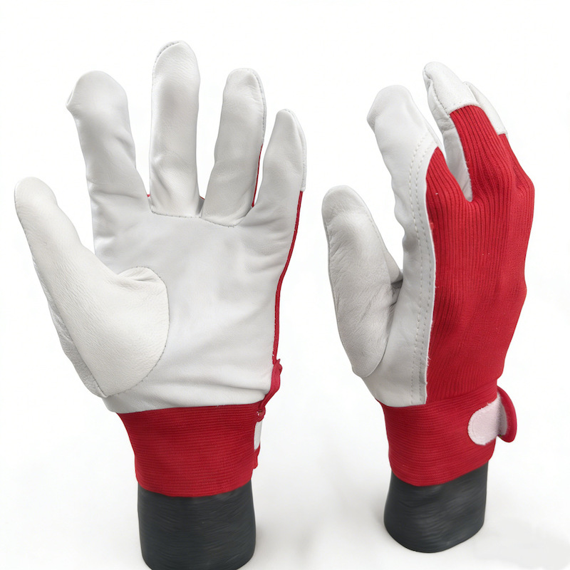Premium Goatskin Palm Work Safety Gloves, Red Elastic Back, Flexible Anti-slip Industrial Protective Gloves for Mechanics