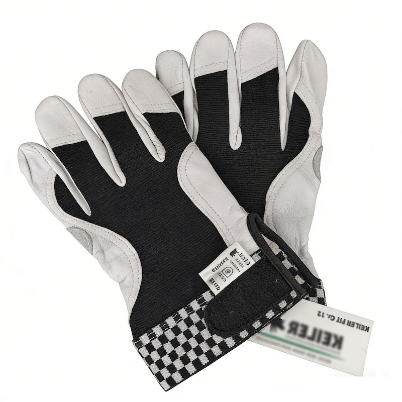 Pigskin Leather Motorcycle Riding Gloves, Black Stretch Fabric Back, Checkered Wrist Strap, Breathable Flexible Motorbike Protective Gloves