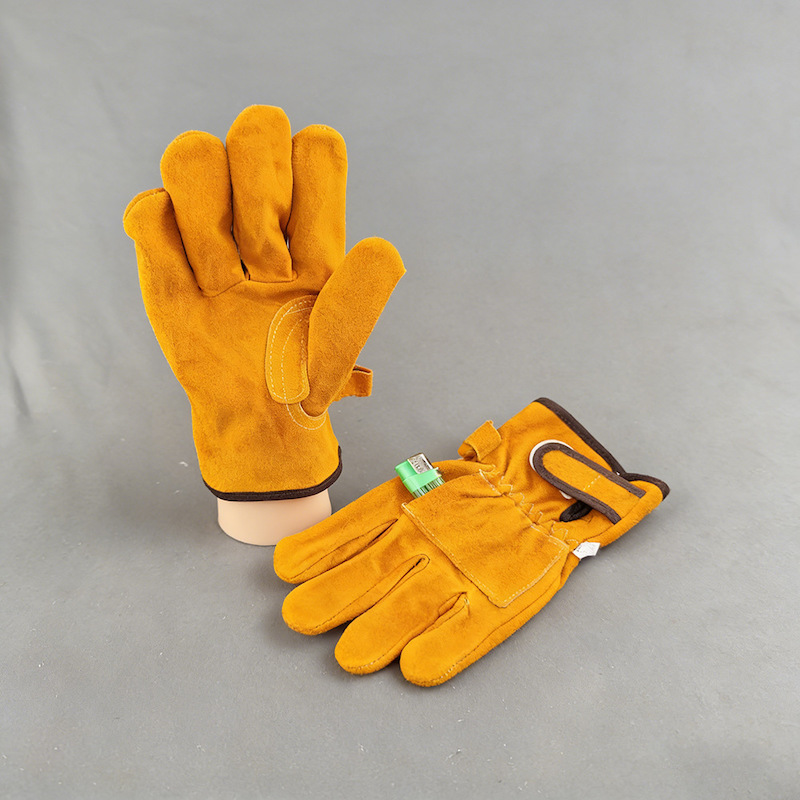 1. Yellow Split Cow Leather Work Gloves, Adjustable Hook and Loop Wrist, Reinforced Palm, Wear-resistant Industrial Safety Leather Gloves