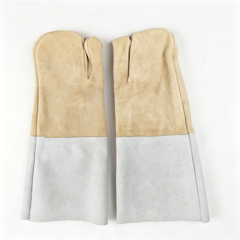 Split cowhide long cuff welding mitten, heat resistant leather welder mitt for heavy industrial welding protection