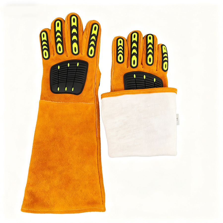 Orange leather welding safety gloves TPR anti-smash impact protective gloves industrial heavy duty