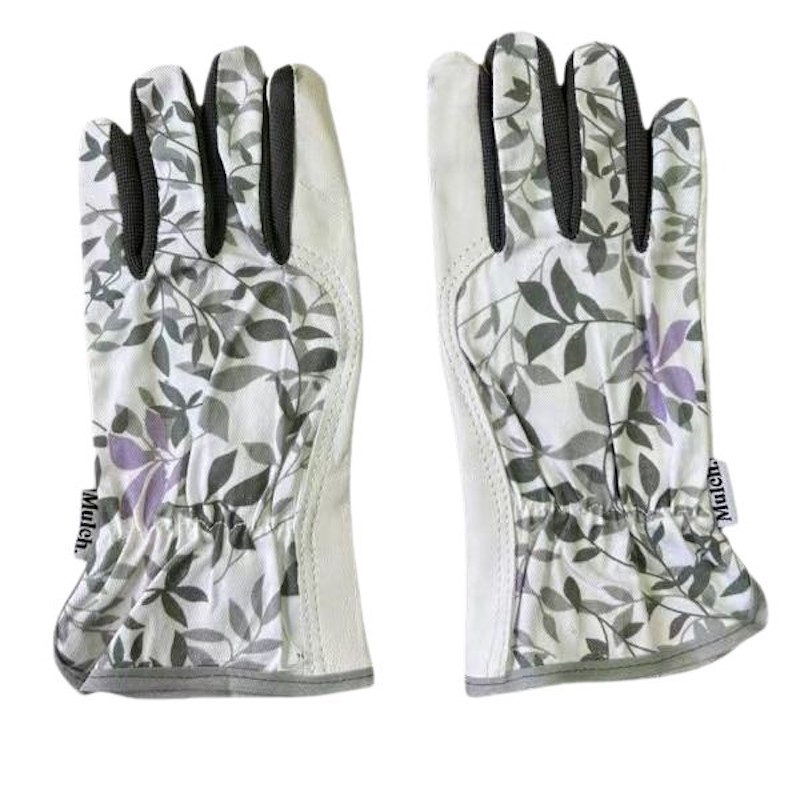Sheepskin palm gardening gloves with leaf floral printed back for garden planting work