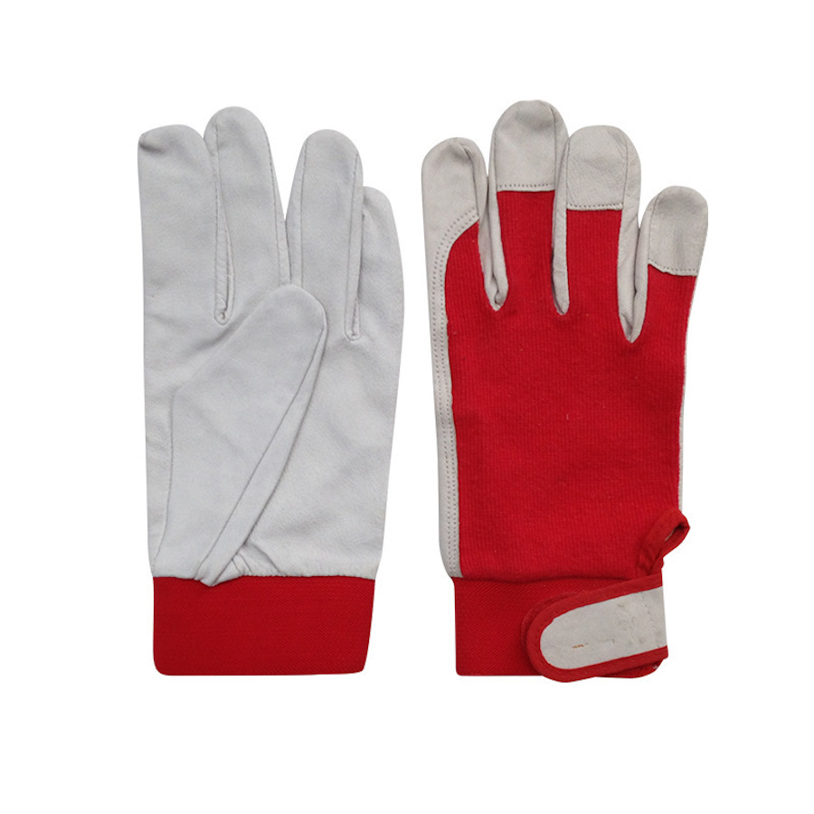 Pigskin palm spandex back gardening work gloves with yellow adjustable hook and loop cuff for yard pruning work