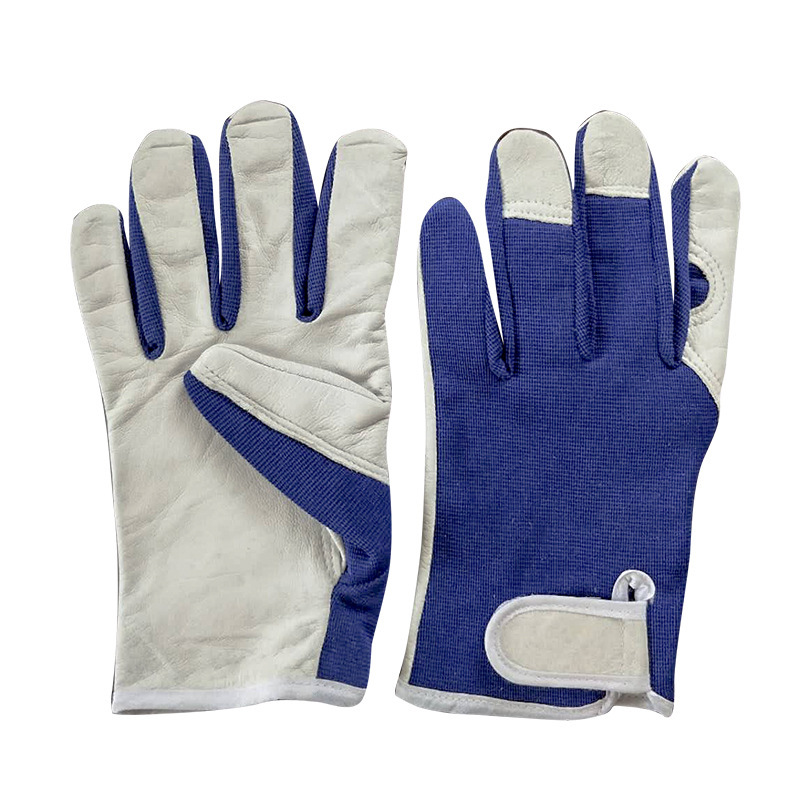 Soft goatskin palm gardening work gloves blue stair cloth back adjustable wrist