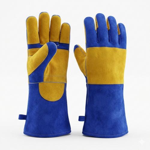 Premium Blue Yellow Split Cowhide Heat Resistant Welding Gloves,  Animal Bite Proof Leather Work Gloves, Long Cuff Safety Protective Gloves