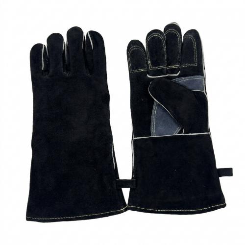 Black Split Leather Welding Gloves, Heat Resistant Reinforced Palm Long Cuff Welder Safety Work Gloves