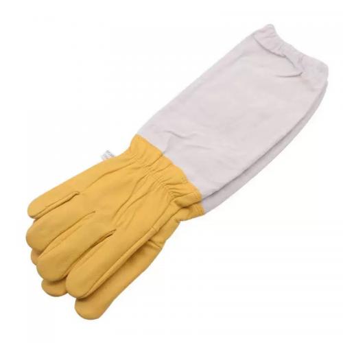 Sheepskin Beekeeping Gloves with Canvas Long Sleeve, Elastic Cuff Beekeeper Protective Gloves