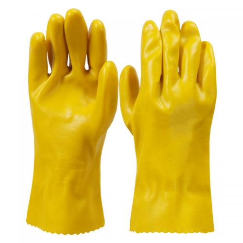 Yellow PVC Coated Chemical Resistant Work Gloves, Cotton Lined Smooth Finish PVC Gloves